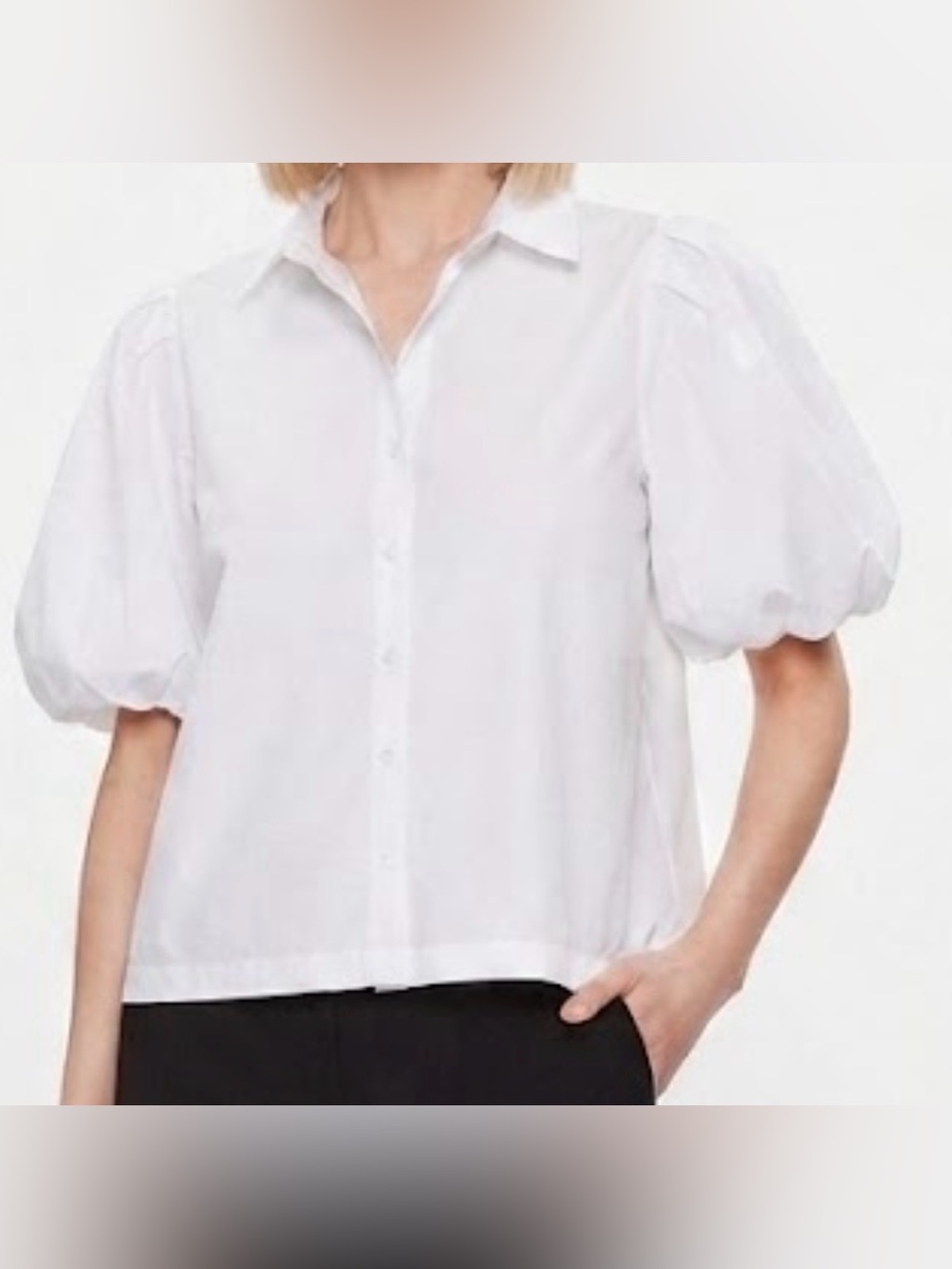 Puff-Sleeve Button-Down Shirt in White - Women Tops